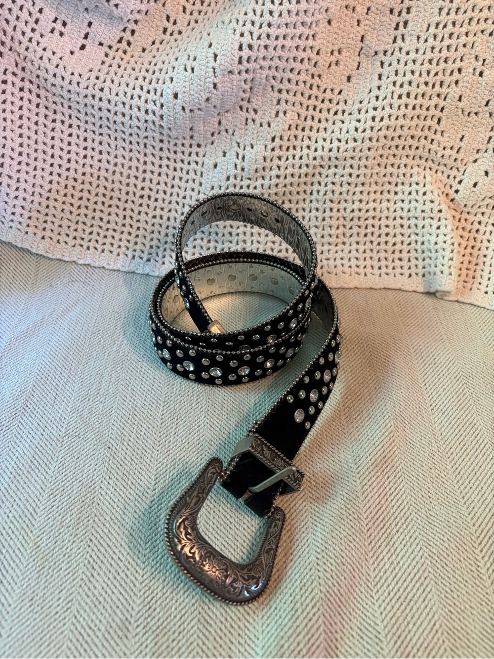 Studded Black Western Belt with Ornate Silver Buckle